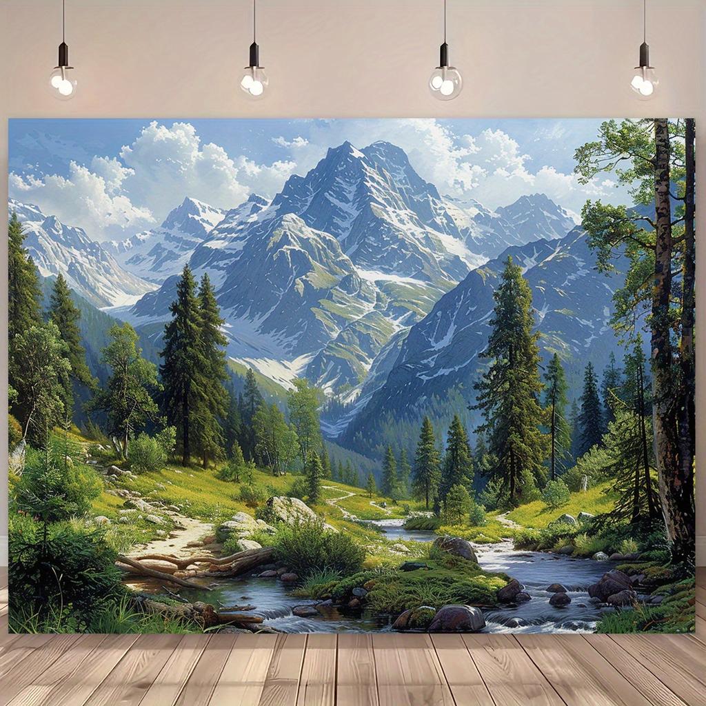 1pc Mountain, River and Stream Scenery - Dreamy rural mountain, water and stream and forest valley views, polyester