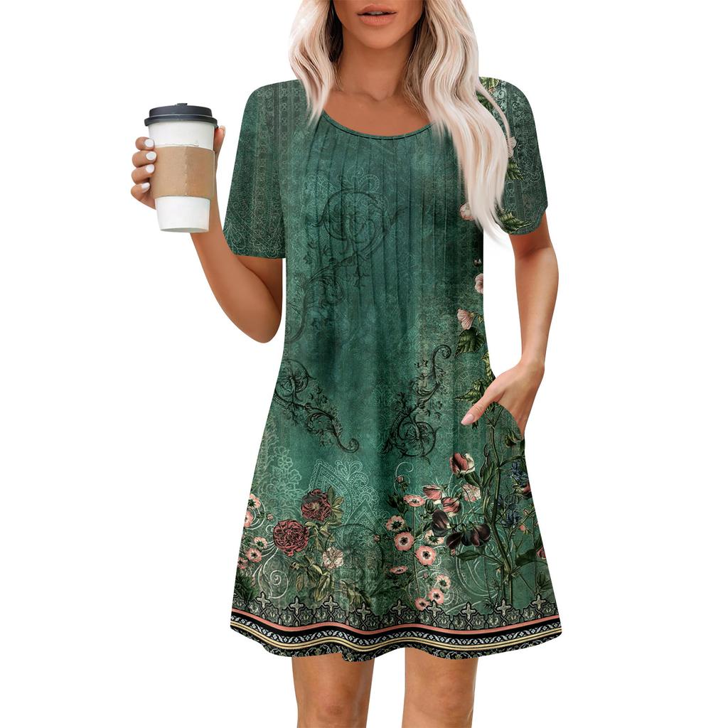 Women's Summer Dress Loose Beach Vacation Casual Round Neck Short Sleeve Sundress With Pocket Short Sleeve Shirt Dress