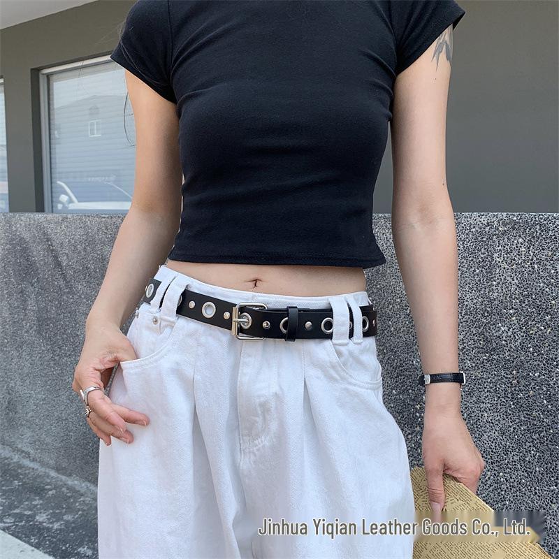 Women's Trendy Punk Leather Belt with Circle Buckle and Metal Chain Decoration