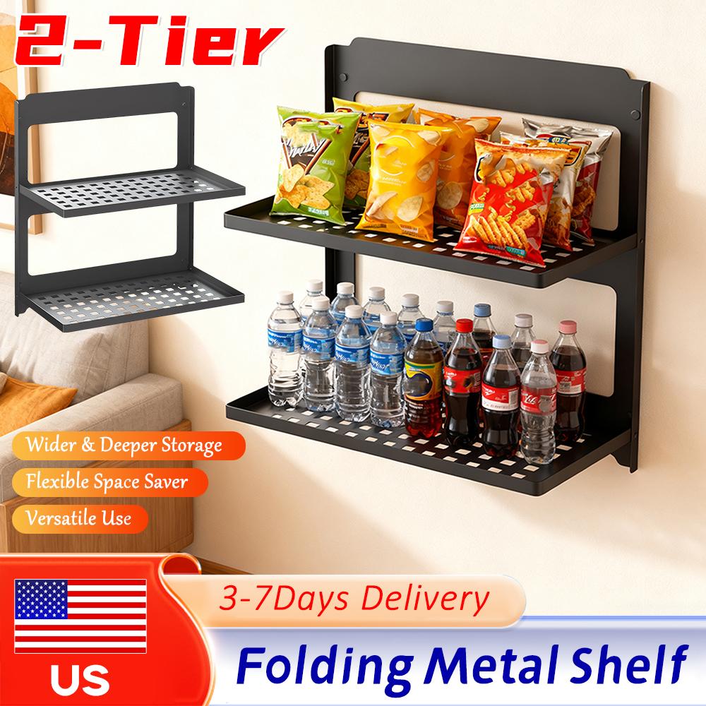 2-Tier Black Iron Floating Shelf Wall-Mounted Metal Shower Rack Foldable Stackable Anti-Drop Baffle for Bathroom Laundry Toilet