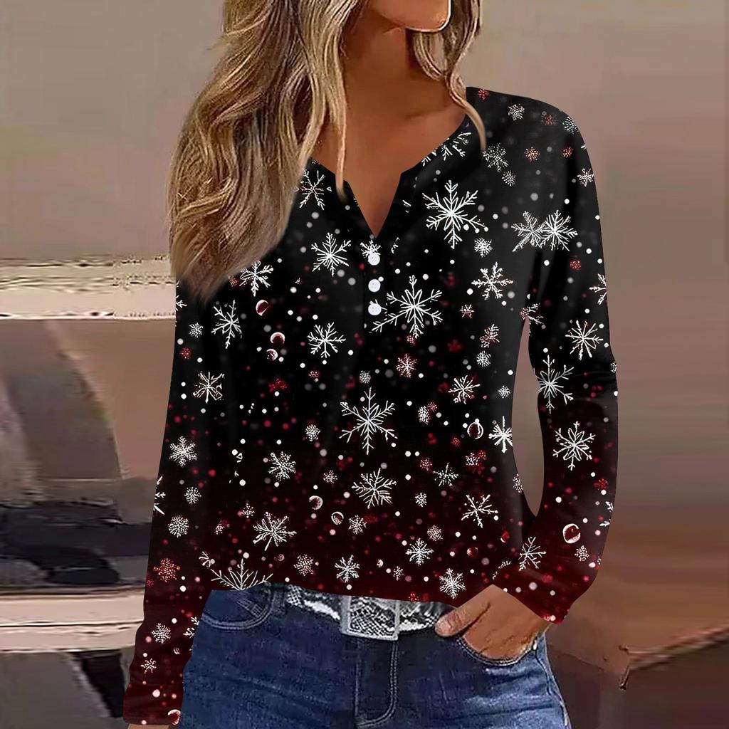 Женская футболка с рождественским принтом на пуговицах с длинным рукавом, повседневная, выходного дня, модная, базовая, с V-образным вырезом, обычная