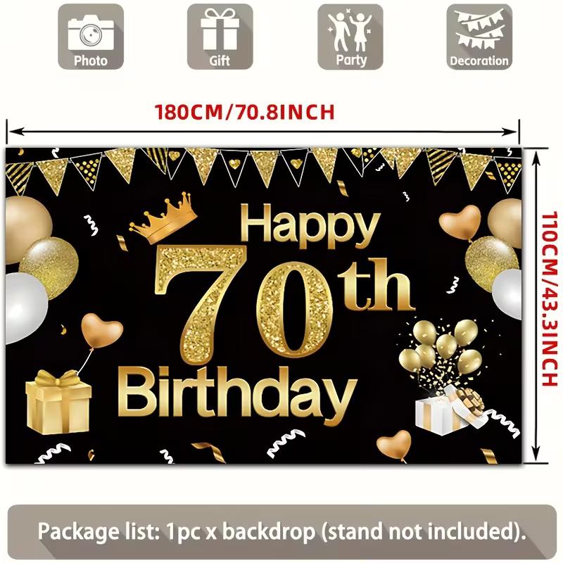2D Black Gold 70th Birthday Backdrop for Men & Women Party Photoshoot