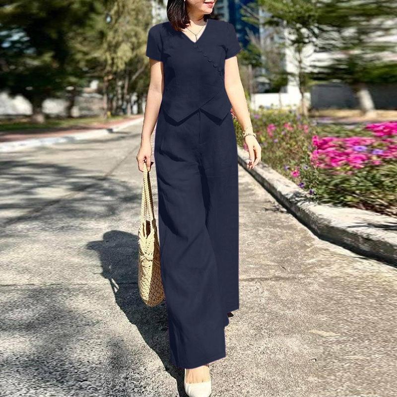 ZANZEA Women Short Sleeve Blouse and Pants Casual Two Piece Sets