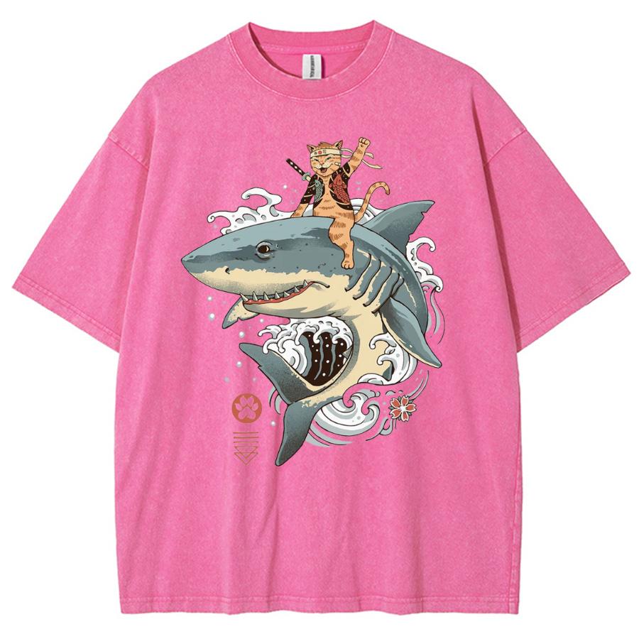 Женская футболка в японском стиле с рисунком акулы и потертым рисунком, стираная джинсовая ткань, свободный унисекс, короткий рукав, милый топ отаку