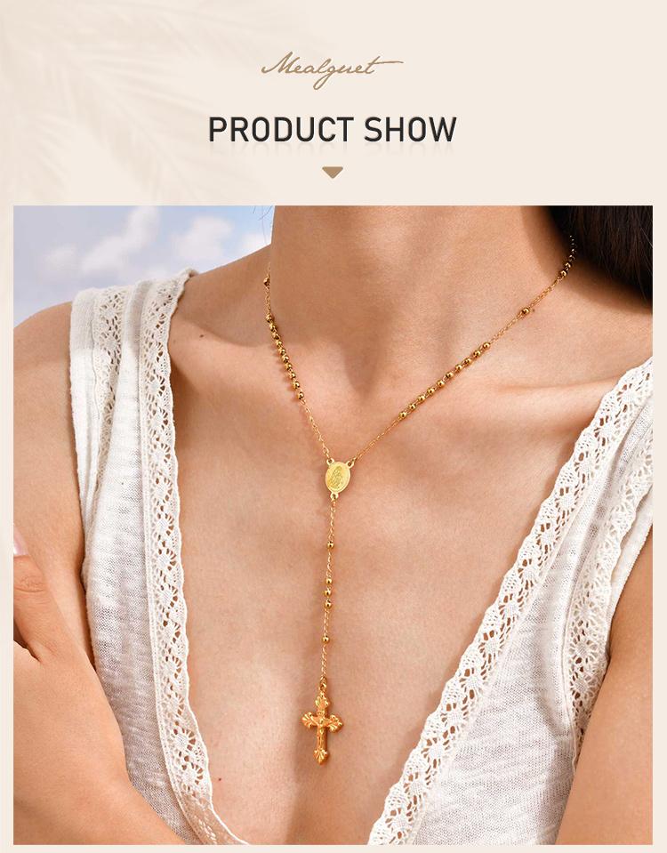 Rosary Beads Cross Necklace for Women, Stainless Steel  Crucifix Virgin Mary Y Shape Necklaces Jewelry