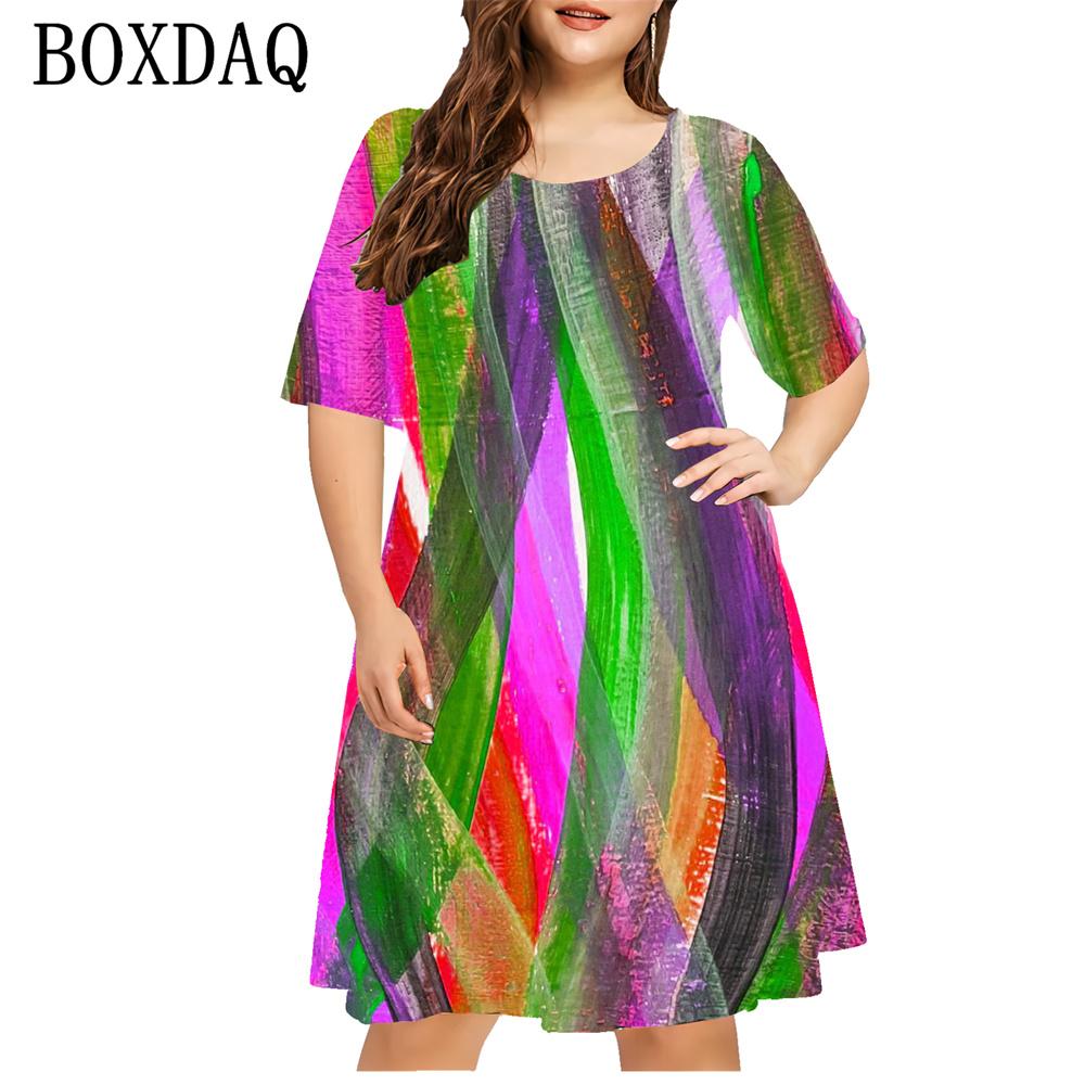 Women's Gradient Painting Striped 3d Printing Dress Fashion Casual Short-sleeved Loose Dress Ladies Summer Women's Clothes