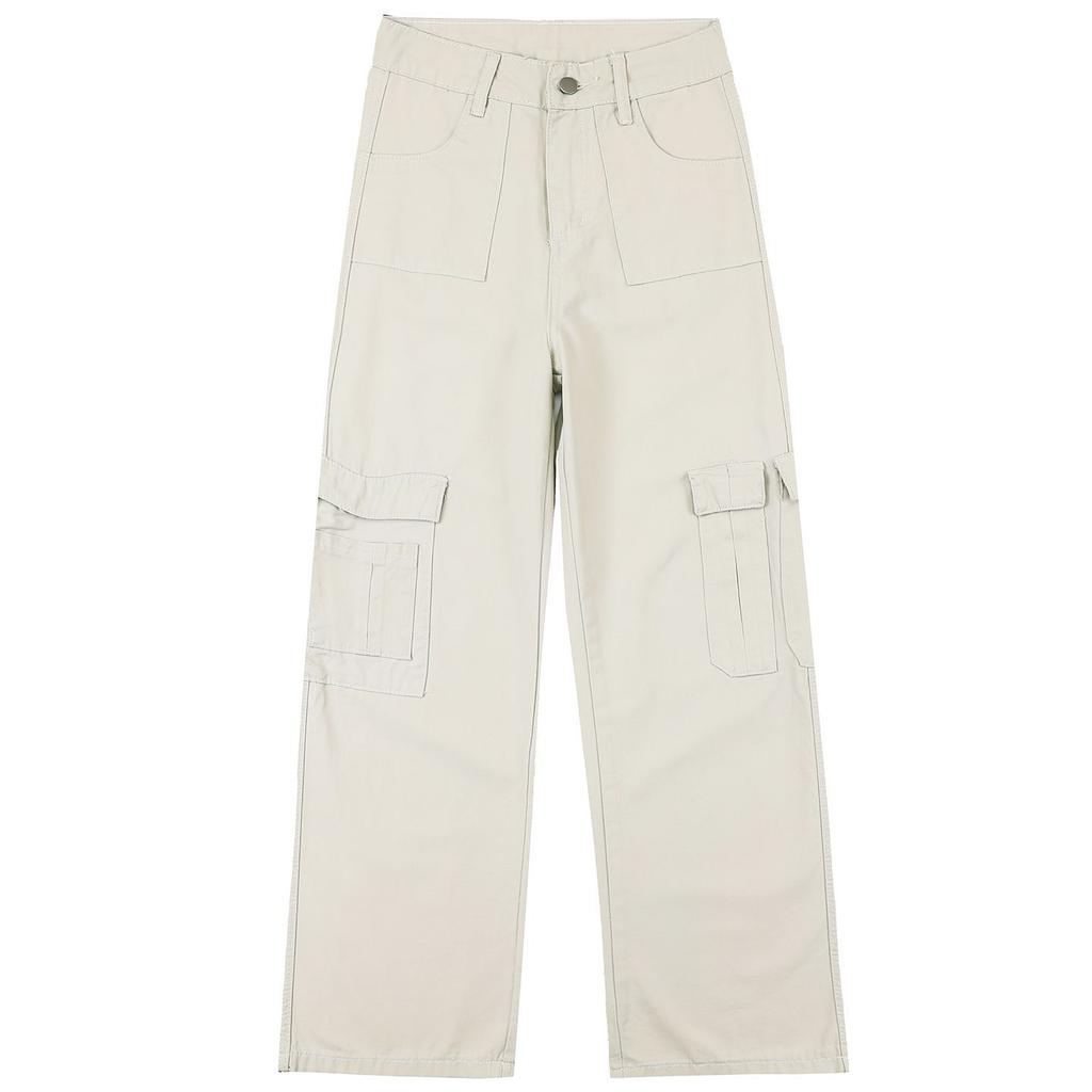Cement gray American multi-pocket tooling jeans women's early autumn loose straight versatile casual pants