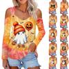 Women's Fashion Halloween Ghost Print V Neck Long Sleeve Buttoned Off Shoulder Casual T Shirt Top