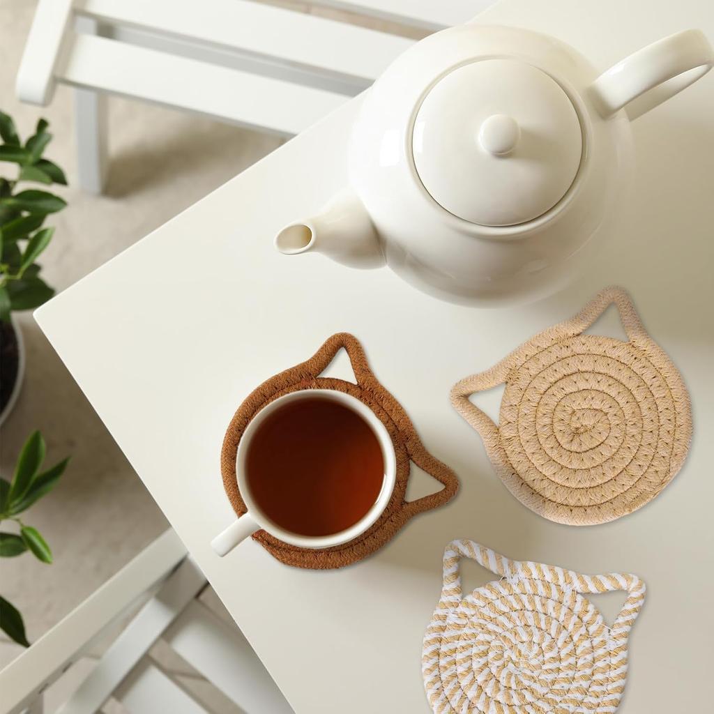 Cat Ear Coasters Set Brown White Handmade Braided Cotton Coasters Non-Slip Absorbent Drink Coaster No Holder