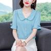 Женская блузка на пуговицах, летняя корейская однотонная синяя белая верхняя одежда, женская блузка с коротким рукавом для офиса с воротником Питер Пэн из шифона