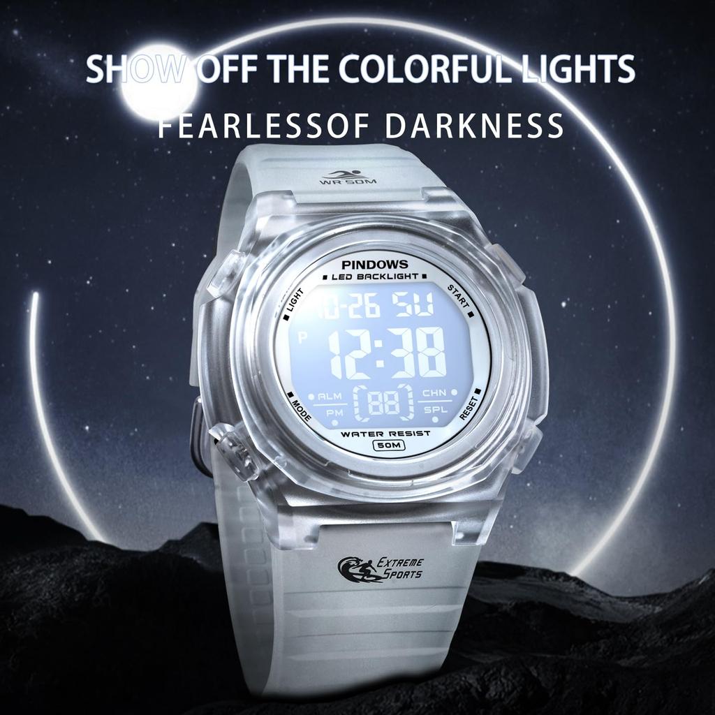 PINDOWS Цифровые спортивные 50 м Водонепроницаемые Светодиодная подсветка Наручные часы и Идеально подходят для повседневного использования в помещении и на открытом воздухе Женские часы, Устойчивые, Будильник,