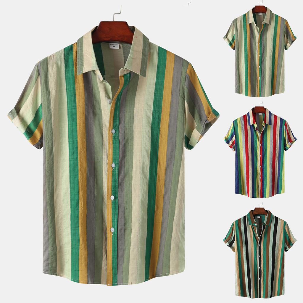 Men's Summer Casual Resort Striped Contrast Color Top Lapel Printed Short Sleeve Shirt