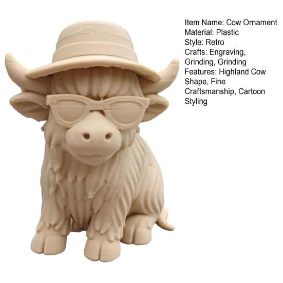 Хайлендская корова Домашний декор бонсай Мини-фигурка коровы в ковбойской шляпе Напечатанная на 3D-принтере Реалистичная текстура Хэллоуинское украшение