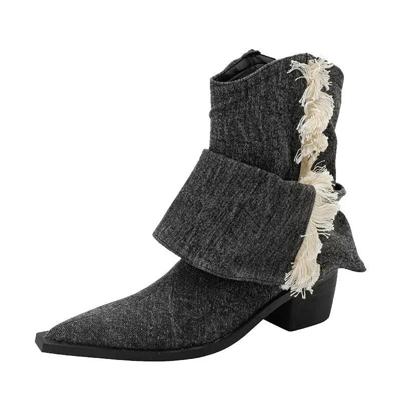 Винтажные толстые каблуки женские джинсовые ковбойские сапоги в стиле вестерн модные туфли без застежек осень-зима женские короткие ботильоны с кисточками