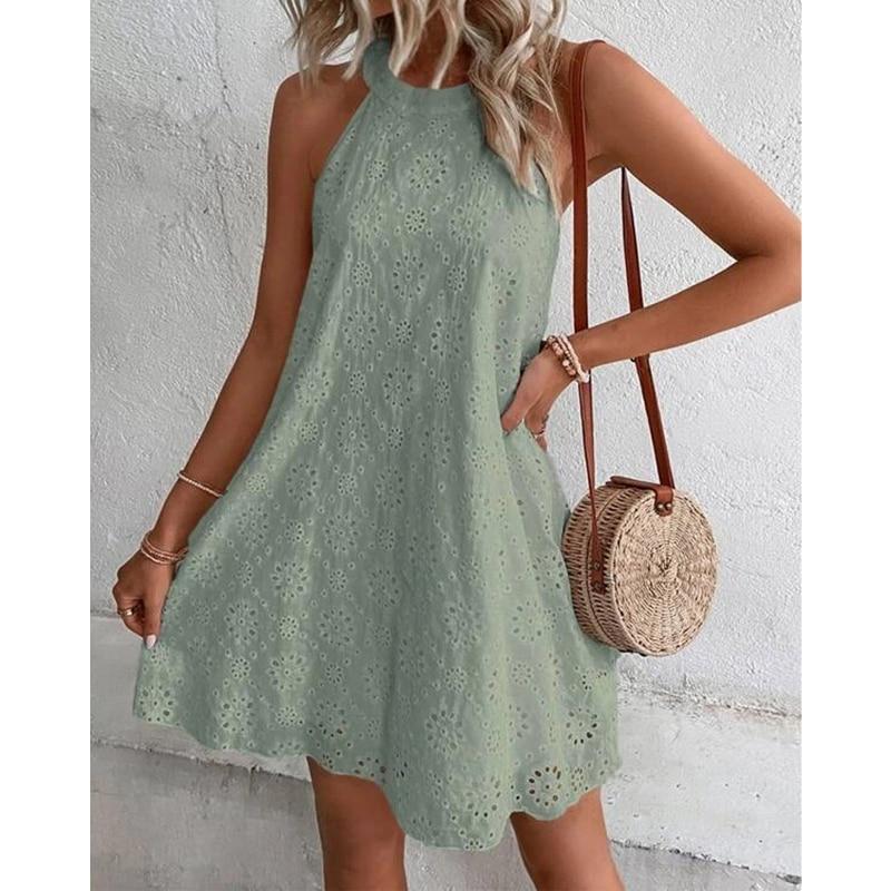 Vintage Floral Hollow Out Sleeveless Dress Women Halter Elegant White Dresses Summer 2023 Solid A Line Short Dress Women 27749