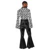 Mens Metallic Bell Bottom Disco Jumpsuit Turn Down Collar Flared Sleeves Printed Bodice Bodysuit Party Costume