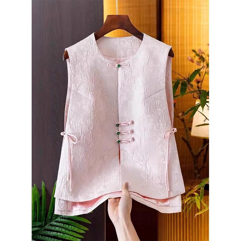 Vintage Style Jacquard Vest Sleeveless Retro Buckle Embroidered Backless Short Waistcoat for Women Casual Streetwear Party Layering Outfit Retro
