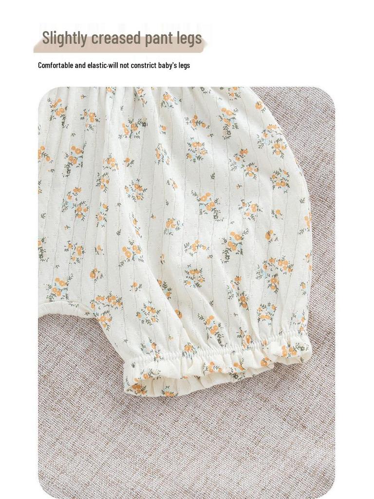 Летний хлопковый комплект из двух предметов для девочек с цветочным принтом: Дышащая, Ультратонкая футболка с коротким рукавом и увеличенной областью для подгузника для младенцев