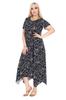 Women's Big Size Dress Short Sleeve Black Floral Pattern Asymmetrical Cut Plus Size Dress