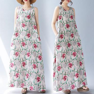 Летнее свободное платье без рукавов с круглым вырезом и принтом средней длины для женщин, повседневные платья