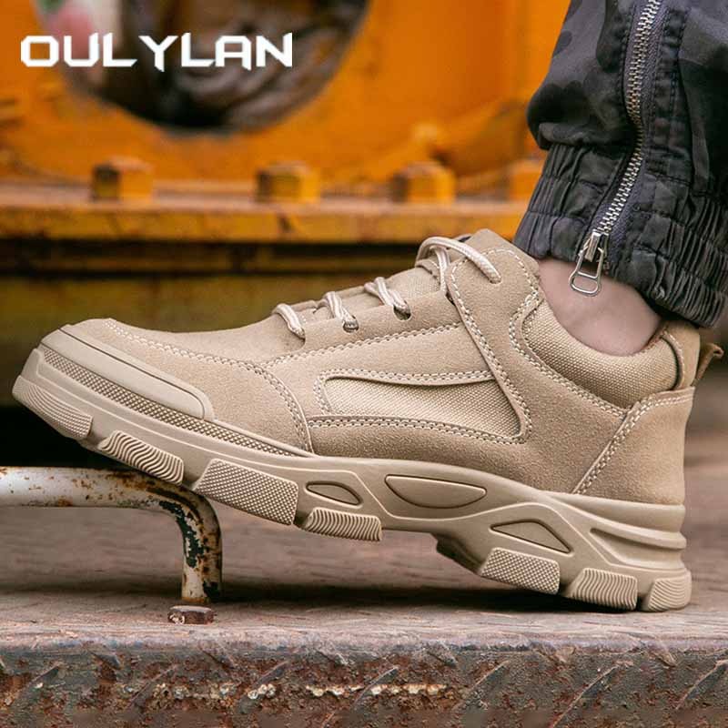 Oulylan Male Non Skid Safety Shoes Puncture-proof Lace Up Work Boots Steel Toe Anti-smash Sneakers Male Cowhide Labor Footwear