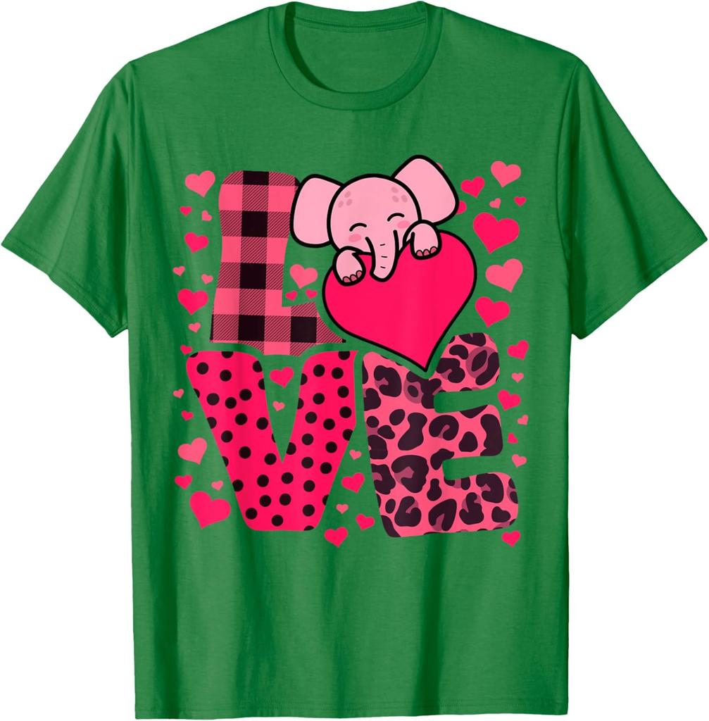 Cute Elephant Love Hearts Valentines Day Graphic Tee Soft Breathable Casual T-Shirt