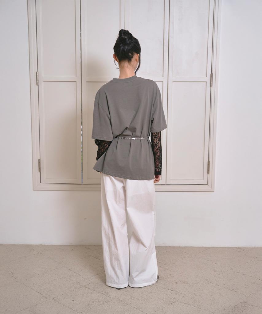 THE GREEN LAB Lace Sleeve Layered Cat T-Shirt [Charcoal Gray]