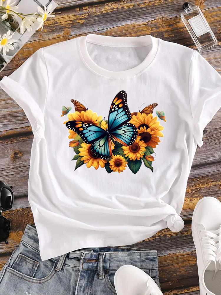 (Asian Size) Butterfly Trend 90s Women Tee Top Clothing Casual Print Lady Flower Fashion Short Sleeve T Shirt Female Graphic T-shirts