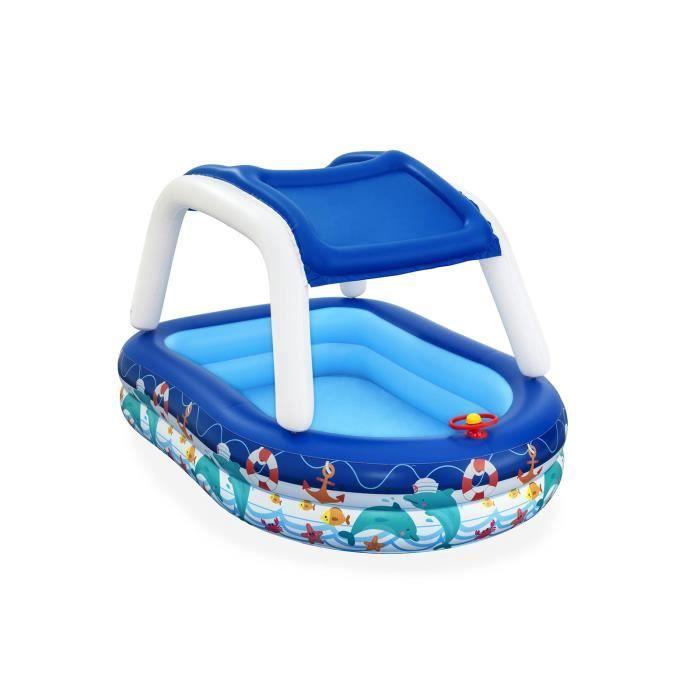 Piscine Gonflable pour Enfants - Bestway - Bateau Bleu avec Auvent et Gouvernail - 213x155x132 cm