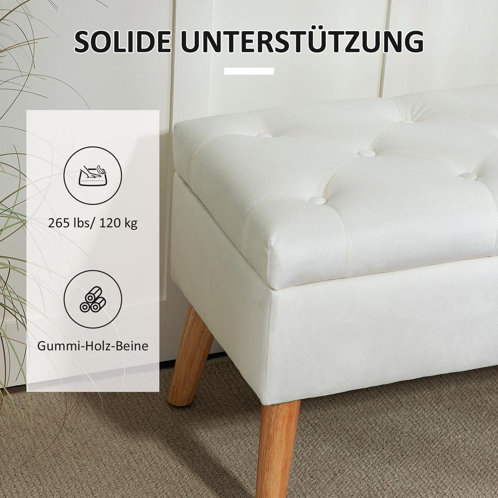 Upholstered Storage Bench, Velvet-Look Fabric Cover, Wooden Legs, for Living Room, Bedroom, Hallway, 80 x 35 x 42 cm, White
