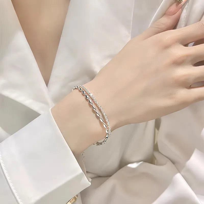 Sparking Double Layer Bracelets for Women Girls Vintage 925 Sterling Copper Small Beads Chain Bracelet Daily Wear Zircon Gifts