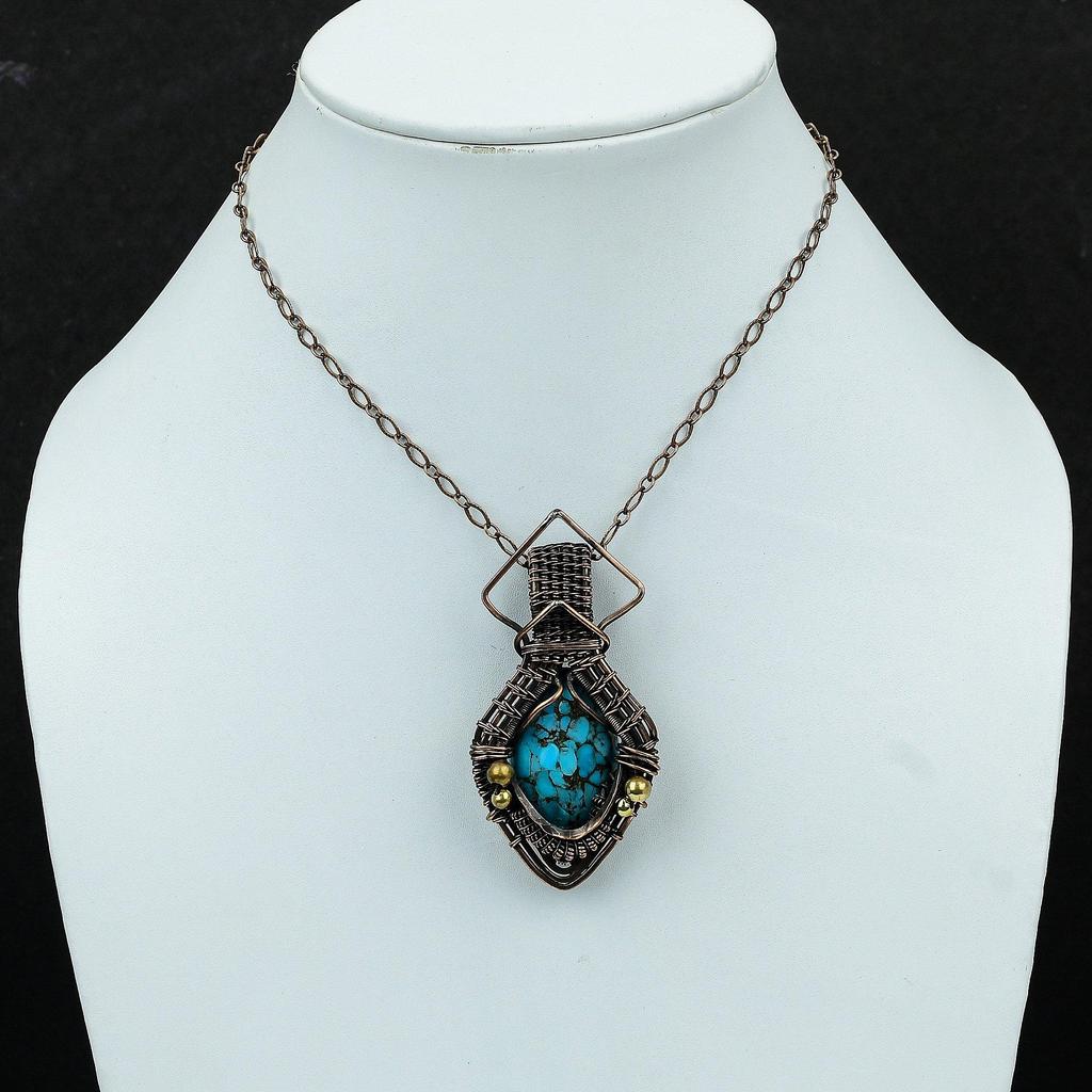Copper Blue Turquoise Pendant Copper Wire Wrapped Pendant Natural Gemstone Pendant Copper Wire Jewelry Gift For Her Handmade Elegant Jewelry