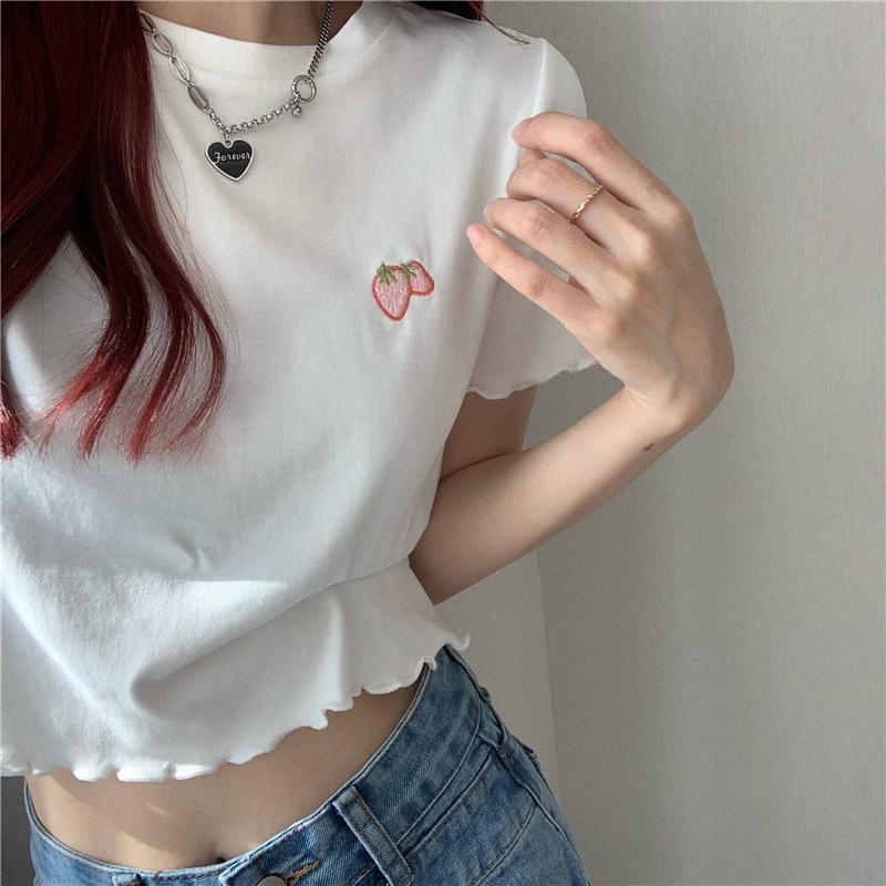 2024 Summer Hot Girl Embroidered Slim Short-Sleeve Crop Top