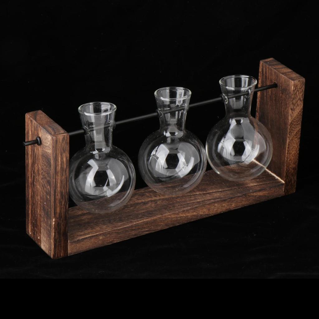 Hydroponics Plant Holder with 3 Bulb Vases Wall Mountable Wood Frame Propagating Station for