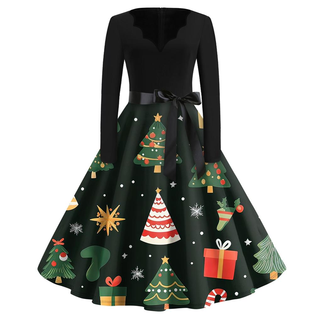 Christmas Print Flare Dress For Women Long Sleeve Dress Hollow Party Casual Dresses