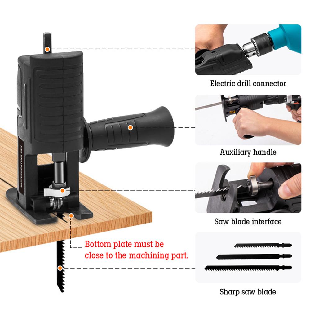 Portable Reciprocating Saw Adapter Multifunctional Electric Drill Modified Tool Attachment with Ergonomic Handle 3 Saw Blades for Wood Metal Cutting