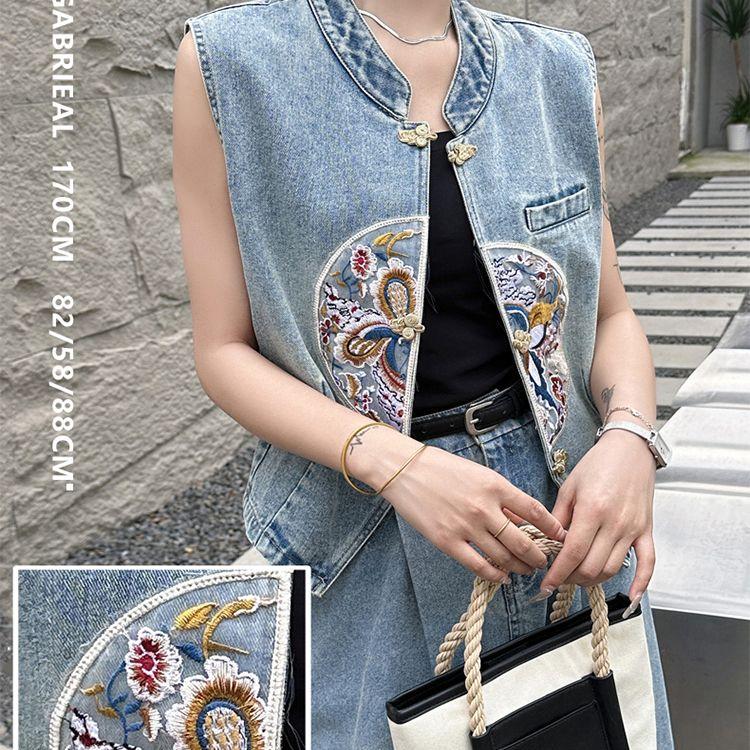 Летний женский джинсовый жилет с вышивкой, джинсовая куртка без рукавов в богемном стиле