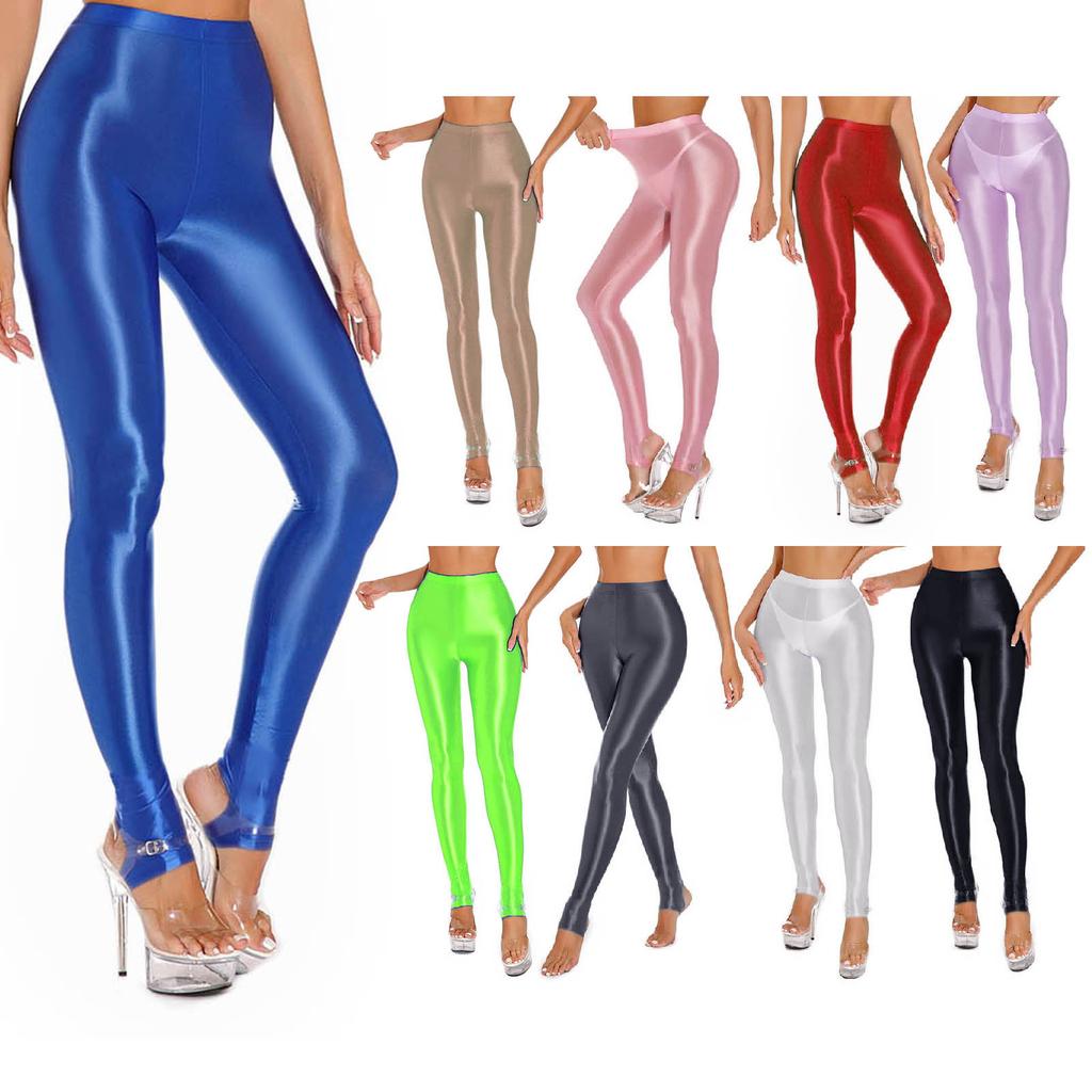 Women's Shiny Glossy Leggings High Waist Skinny Tight Gym Yoga Stirrup Pants