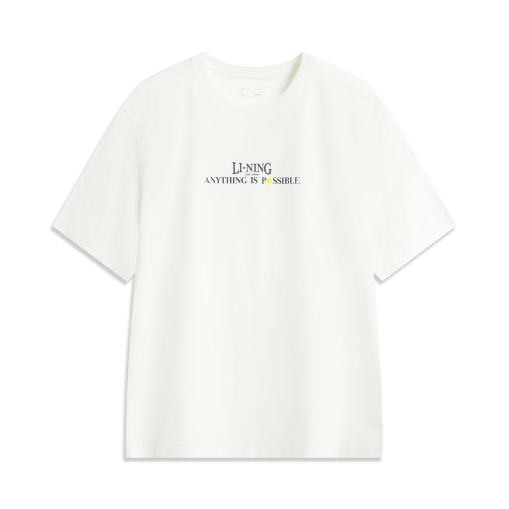 Li Ning Sports Lifestyle Series Casual Simple Letter Round Neck Pullover Loose Short Sleeve T-Shirt Men T-Shirt Off-White AHSV747-1
