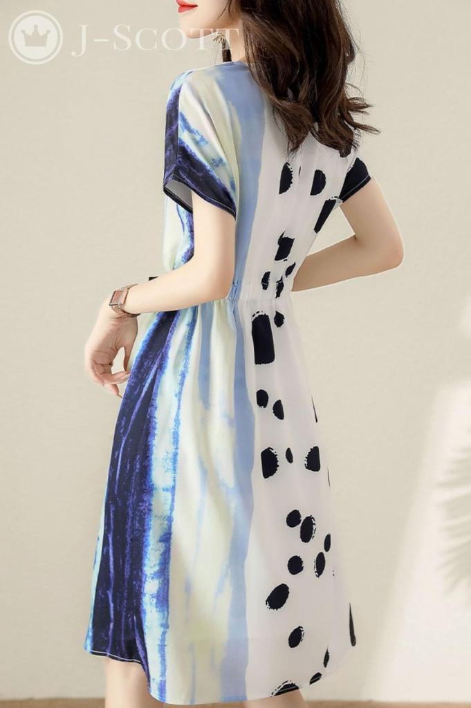 Платье с рисунком в виде арт-образца, с талией средней длины, эластичное, в горошек, среднее, повседневное, легкое, французское, длинное, свободное, с поясом, с рисунком, хорошо, круто, выглядит, аккуратно [J-Scott]