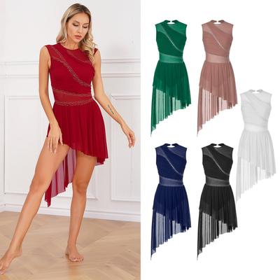 Женское лирическое танцевальное платье со стразами, прозрачный сетчатый тюль, струящийся трико, танцевальный костюм для фигурного катания