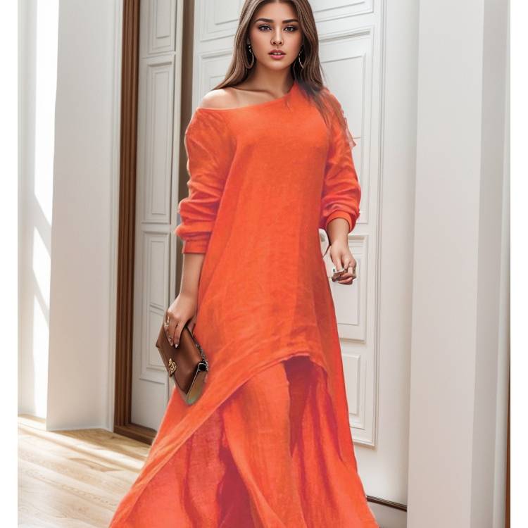 Женский летний офисный костюм, удобный свободный, круглый вырез, длинный рукав + длинные брюки, комплект из двух предметов