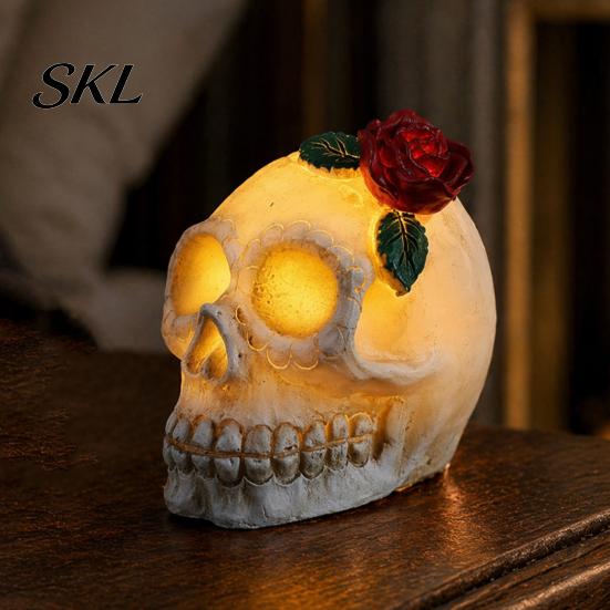 Halloween Mood Lighting Gothic Light Up Skull Rose Flower Figurine, Day of Dead Resin Durable Statue, Spooky Skeleton Head Lamp for Desk Home