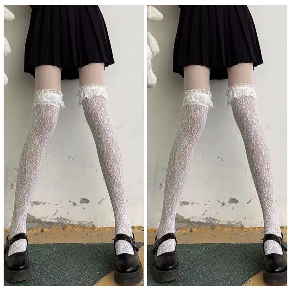 2Pairs Nylon Transparent Stockings Mesh High Tube Long Socks Sweet Lace Flower Stockings  Lady