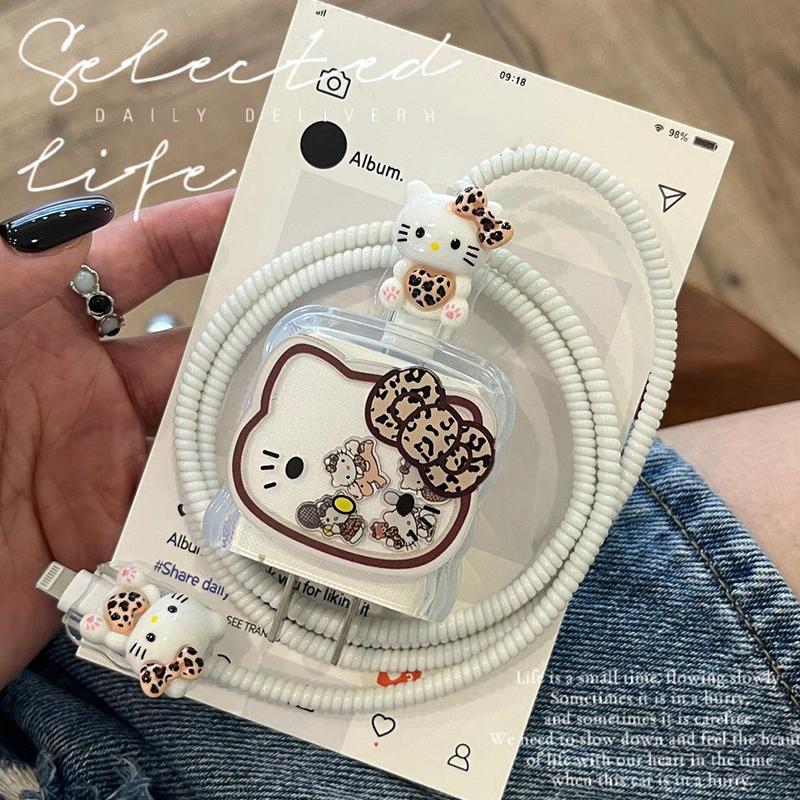 Защитный чехол для кабеля данных Hello Kitty с леопардовым принтом для iPhone 17 16 15 18/20W Защитная крышка для головки зарядного устройства Защитный шнурок от поломки