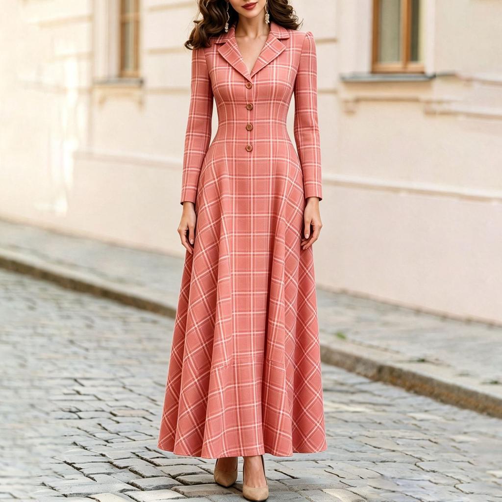 French Elegant Button Dress Vintage Style Notched Lapel Plaid Long Dress Autumn New Fashion Women's Clothing