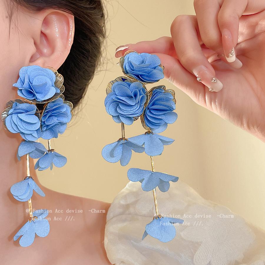 Steel needle chiffon flower fringed earrings summer vacation style fashion earrings exaggerated sweet earrings design sense niche