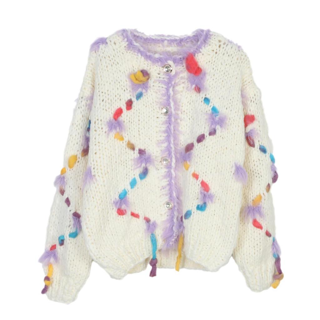 Европейский и американский модный свитер-кардиган ручной вязки крючком с вышивкой, круглым вырезом и свободного кроя для женщин - Коллекция Осень-Зима