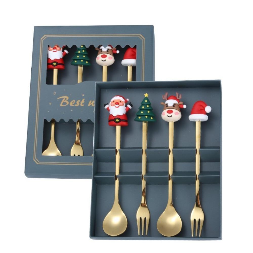 4/6pcs Gold Silver Spoon Fork Set Merry Christmas Coffee Tea Spoon Dessert Fork  Birthday Gift