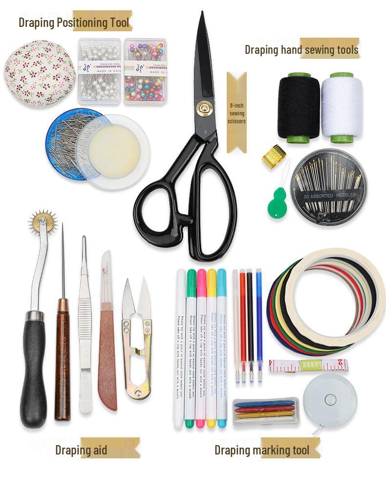 Набор инструментов для драпировки модного дизайна: Малярный скотч, Установочные штифты, Подушечка для иголок, Шило, Пинцет и Линейка.